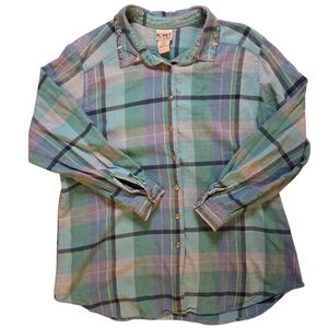 Vintage Koret Embroidered Blue Plaid Button Down Shirt Womens 16W 23in P2P